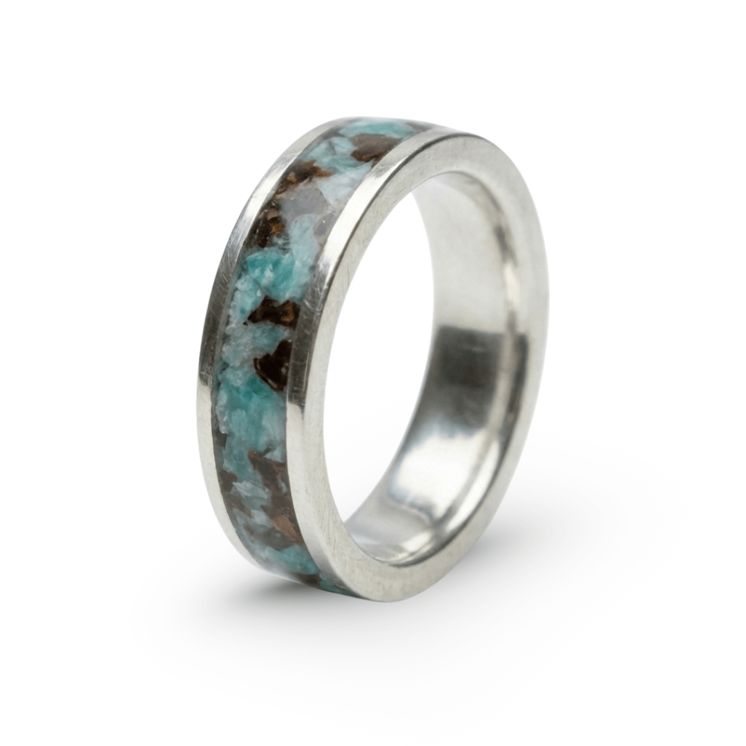 MOSAICO – ANEL DE PRATA 925 COM MOSAICO MISTO DE PEDRA NATURAL AMAZONITA E GRÃOS DE CAFÉ TORRADO