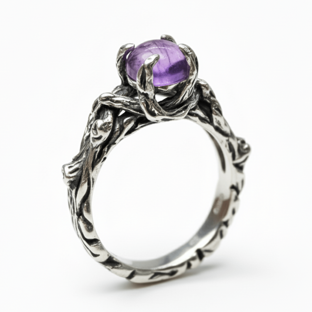 Anel Wood Moon em Prata 925 com Ametista Natural – Edição Limitada