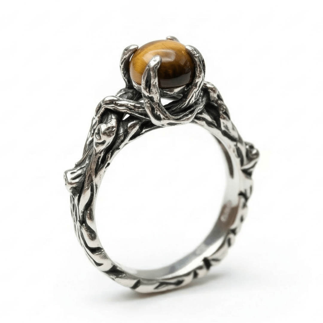 Edição Limitada – Anel Wood Moon em Prata 925 com Pedra Natural Olho de Tigre