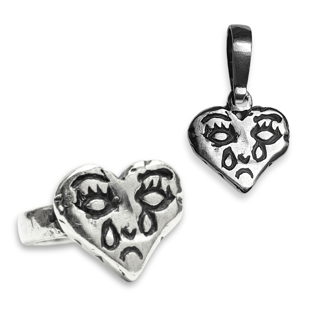 Coração Chorando – Conjunto Anel e Pingente Retrô em Prata 925 com Oxidação
