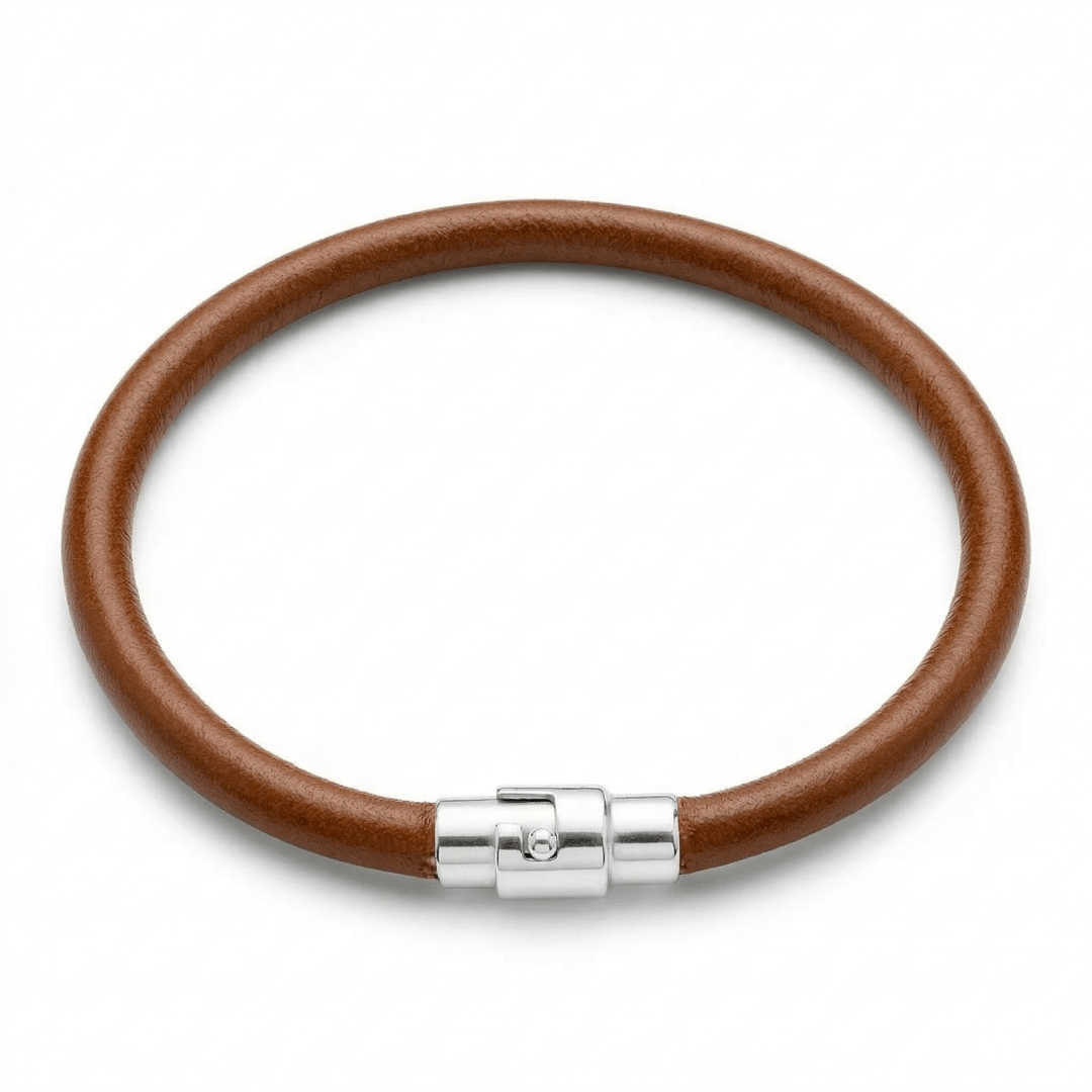 Pulseira - Unissex de Couro Marrom com Fecho Magnético em Prata 925