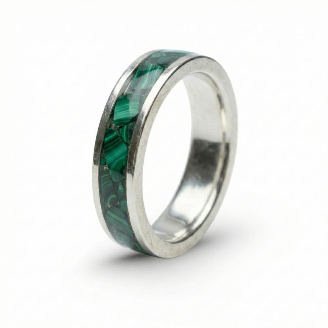 Mosaico – Anel de Prata 925 com Mosaico de Pedra Natural Malaquita