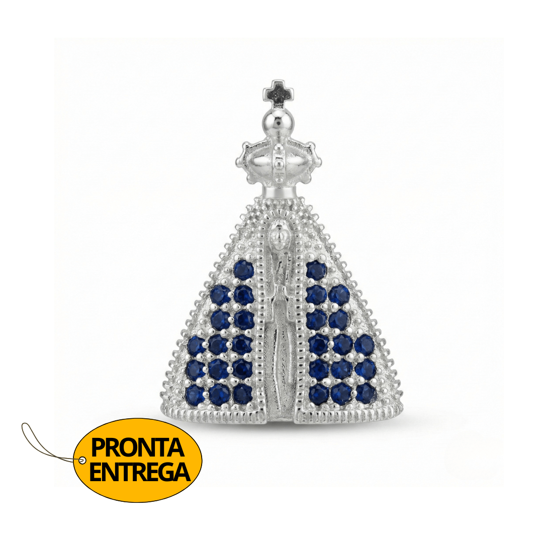 Nossa Senhora – Pingente em Prata 925 Cravejado com Zircônia Azul-Marinho