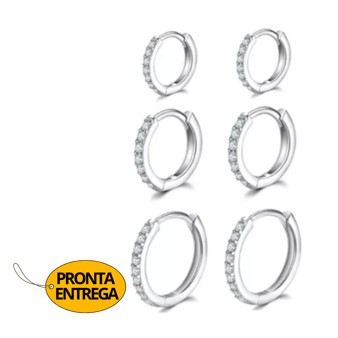 TRIO DE ARGOLAS ZIRCÔNIAS BRANCAS PRATA 925