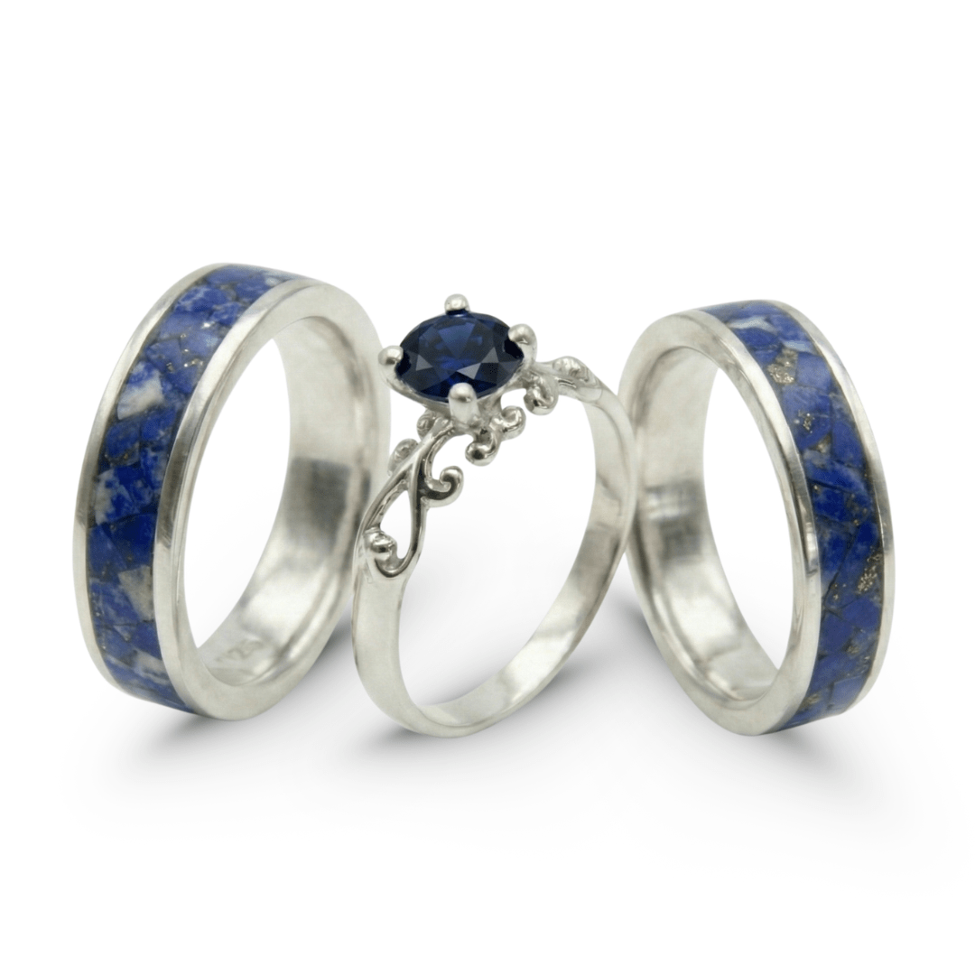 Mosaico Trio – Conjunto em Prata 925 com 2 Anéis Mosaico de Lápis-Lazúli Natural e Solitário Frigg com Zircônia Azul-Marinho
