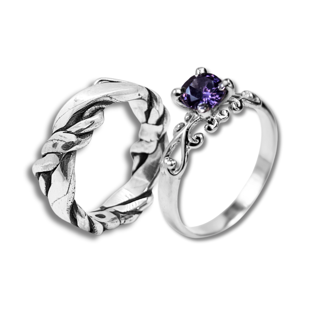 FRIGG – Par de Alianças em Prata 925 com Zircônia Roxa (Solitário + Anel Nordic Rope Largo)