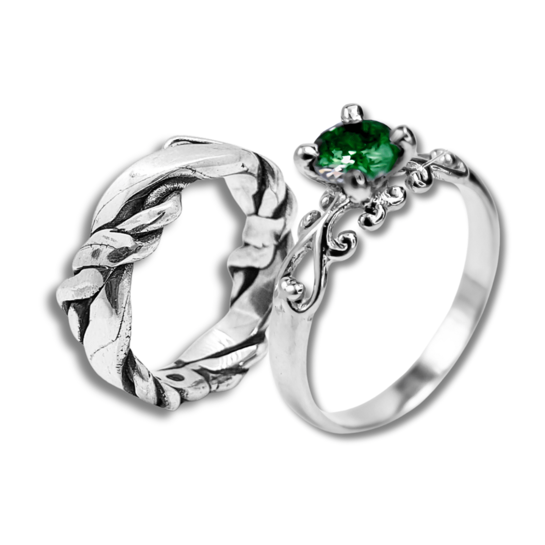 FRIGG – Par de Alianças em Prata 925 com Zircônia Verde (Solitário + Anel Nordic Rope Largo)