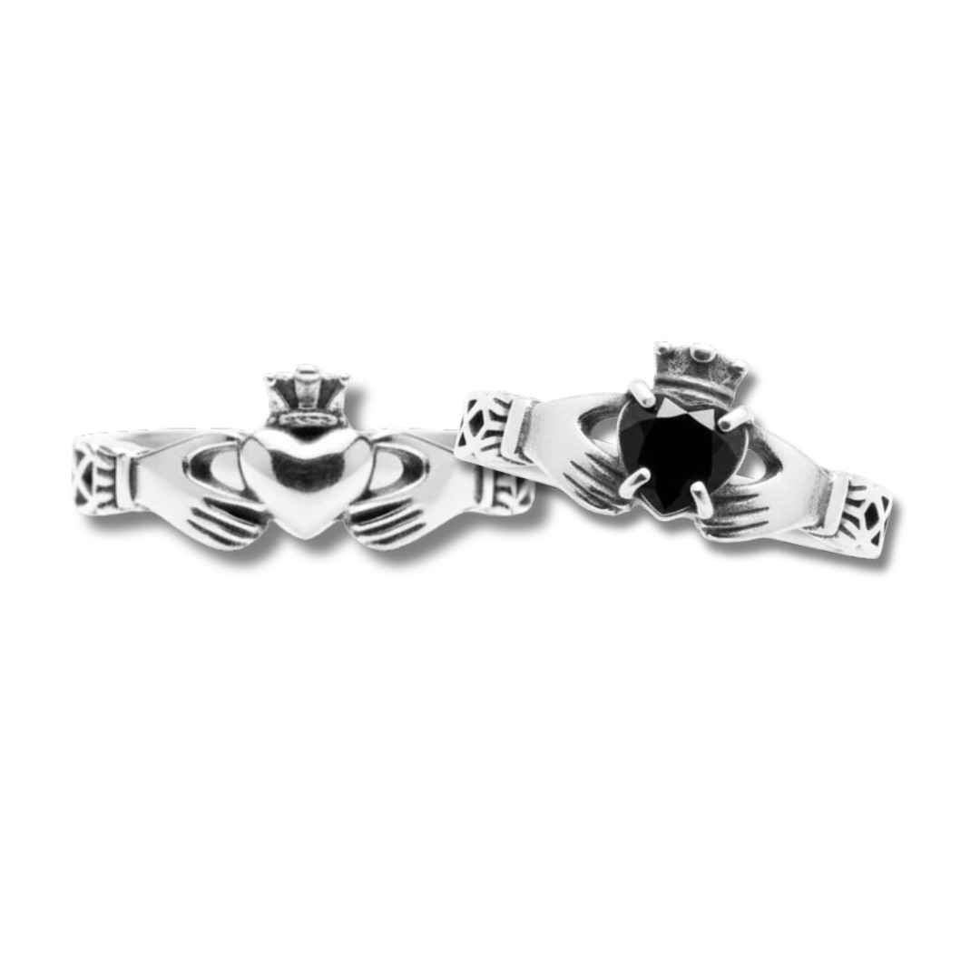 CLADDAGH – PAR DE ALIANÇAS MODELOS IRLANDESES THIN E STONE COM ZIRCÔNIA PRETA EM PRATA 925