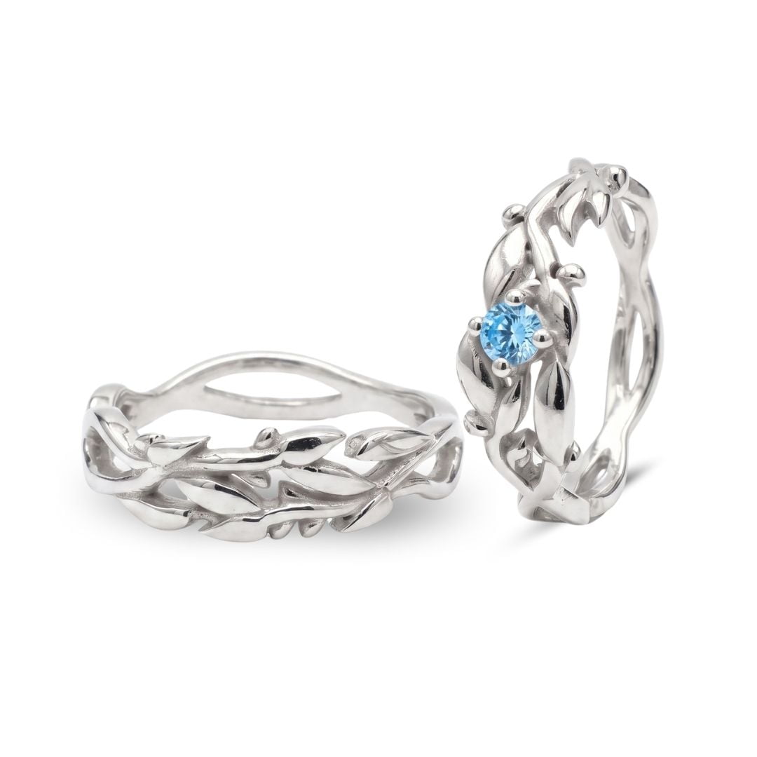 Conjunto Anel e Solitário Oliveira em Prata 925 com Zircônia Azul Claro