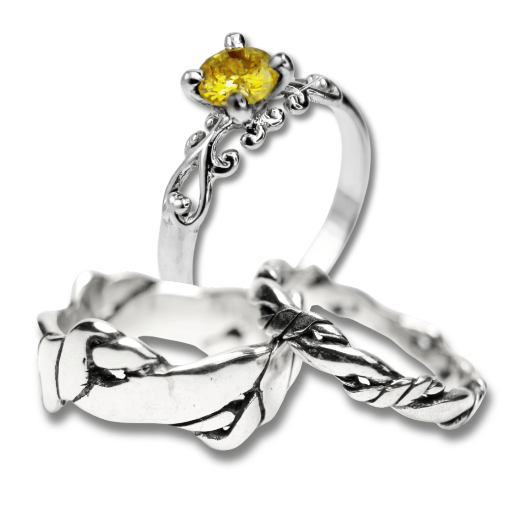 FRIGG KIT – Par de Alianças Nordic Rope (Fina e Larga) + Solitário com Zircônia Amarela em Prata 925