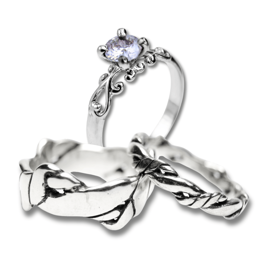 FRIGG KIT – Par de Alianças Nordic Rope (Fina e Larga) + Solitário com Zircônia Branca em Prata 925