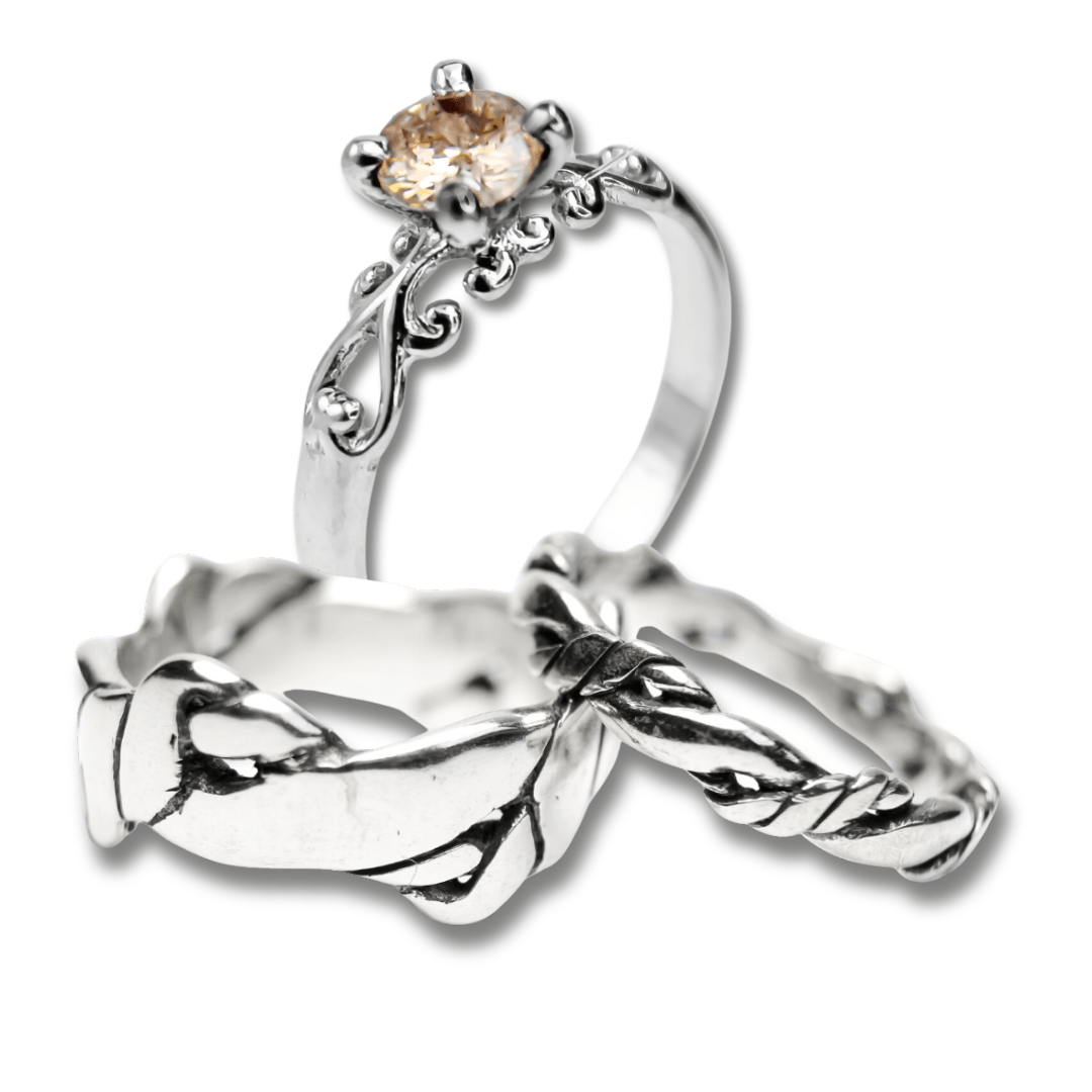 FRIGG KIT – Par de Alianças Nordic Rope (Fina e Larga) + Solitário com Zircônia Champagne em Prata 925