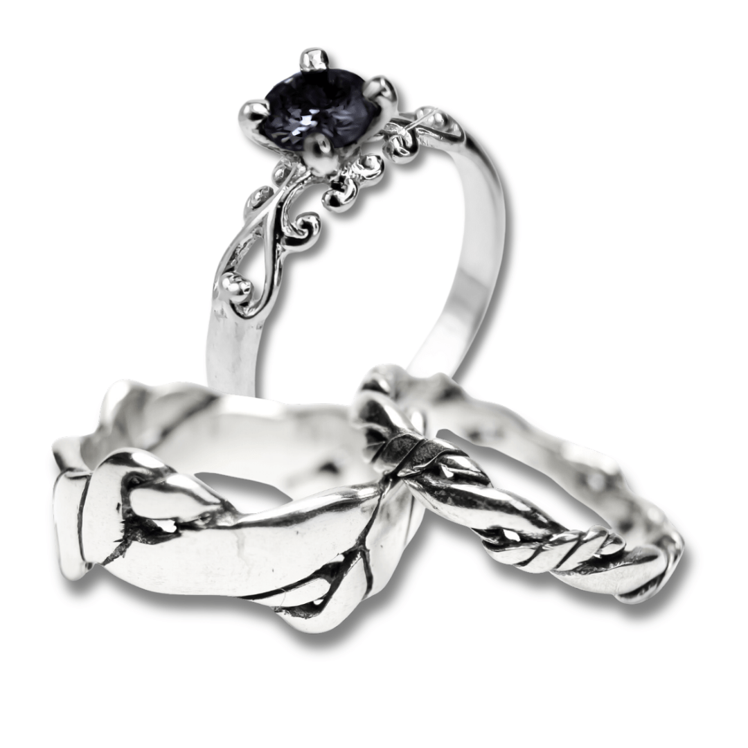 FRIGG KIT – Par de Alianças Nordic Rope (Fina e Larga) + Solitário com Zircônia Preta em Prata 925