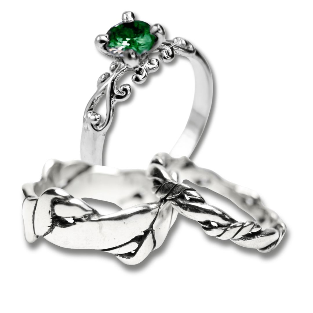 FRIGG KIT – Par de Alianças Nordic Rope (Fina e Larga) + Solitário com Zircônia Verde em Prata 925