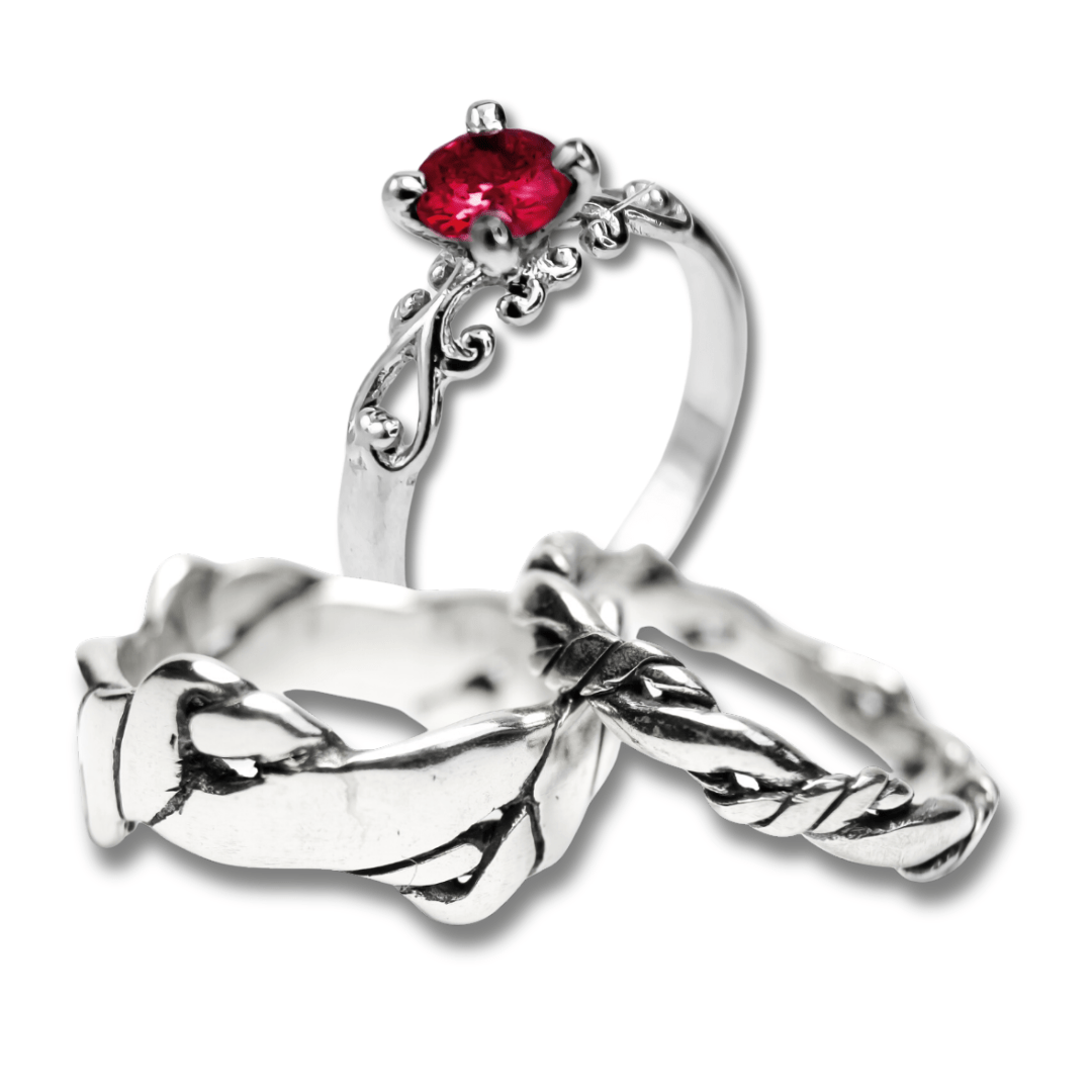 FRIGG KIT – Par de Alianças Nordic Rope (Fina e Larga) + Solitário com Zircônia Vermelha em Prata 925