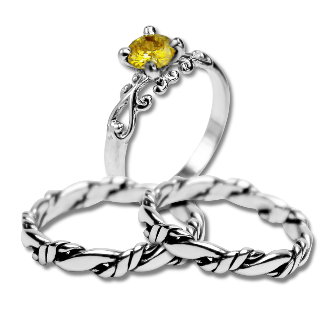 KIT FRIGG – Par de Alianças Nordic Rope Fino + Solitário em Prata 925 com Zircônia amarela