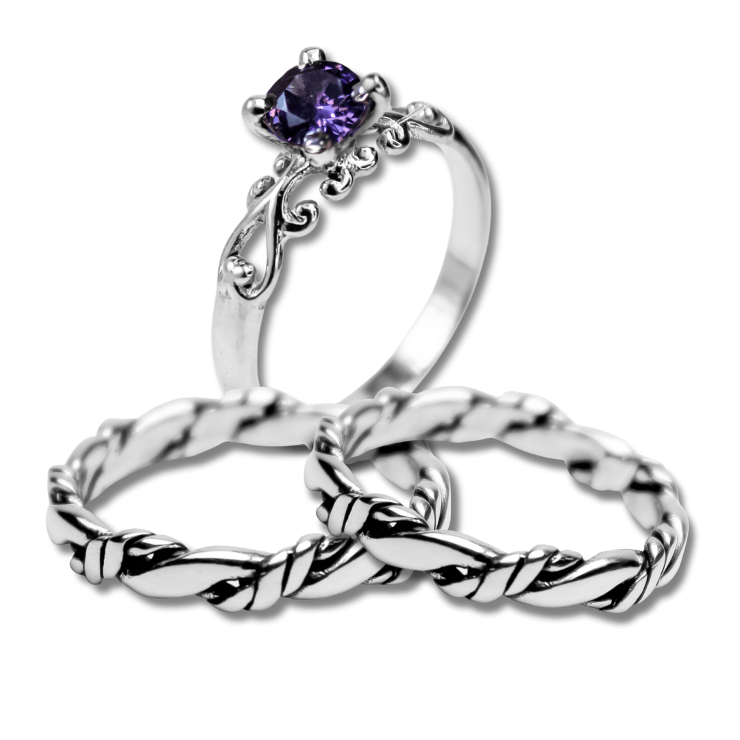 KIT FRIGG – Par de Alianças Nordic Rope Fino + Solitário em Prata 925 com Zircônia roxa