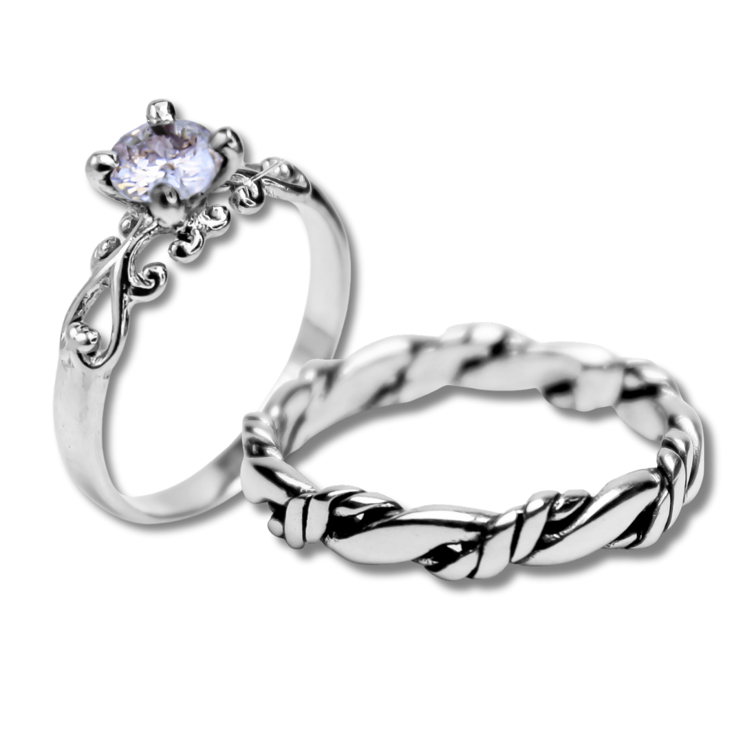 FRIGG – Par de Alianças (Solitário + Anel Nordic Rope) em Prata 925 com Zircônia 
