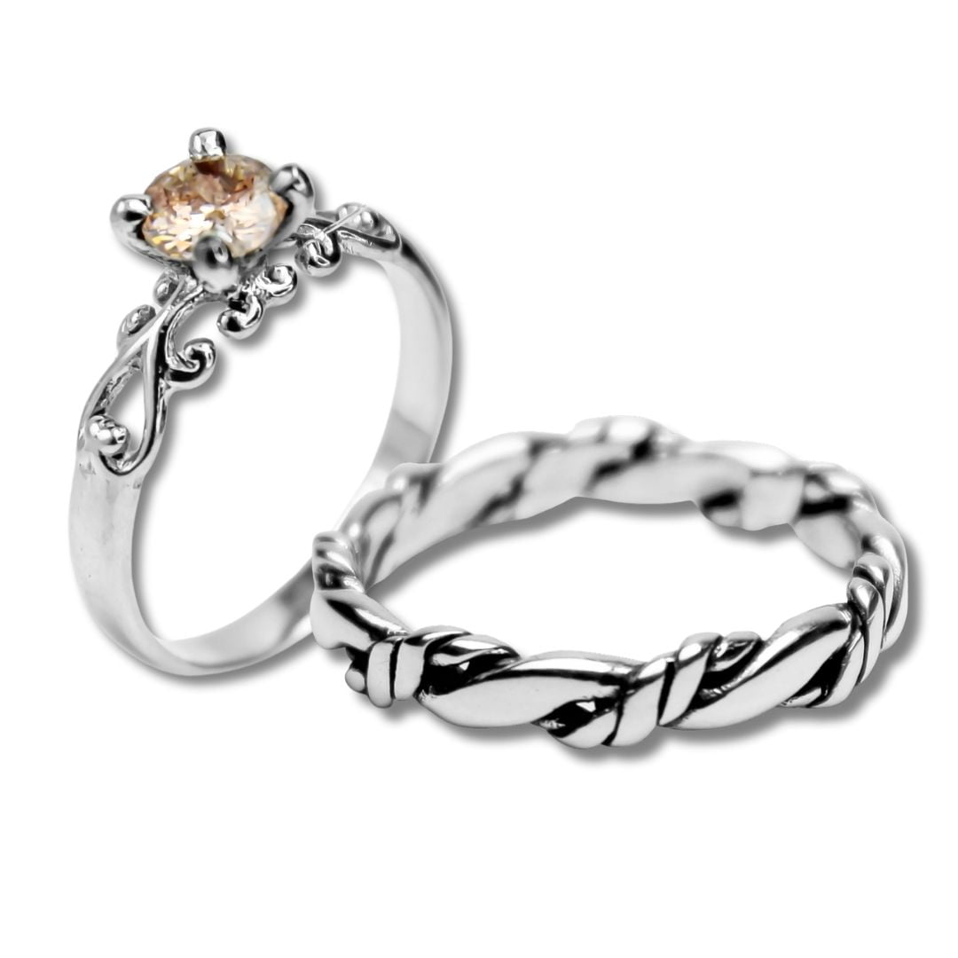 FRIGG – Par de Alianças (Solitário + Anel Nordic Rope) em Prata 925 com Zircônia champagne
