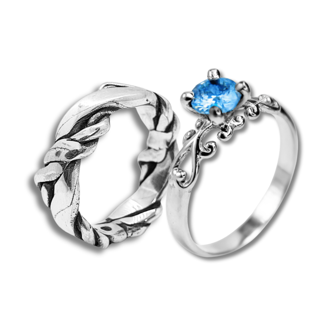 FRIGG – Par de Alianças em Prata 925 com Zircônia Azul Claro (Solitário + Anel Nordic Rope Largo)
