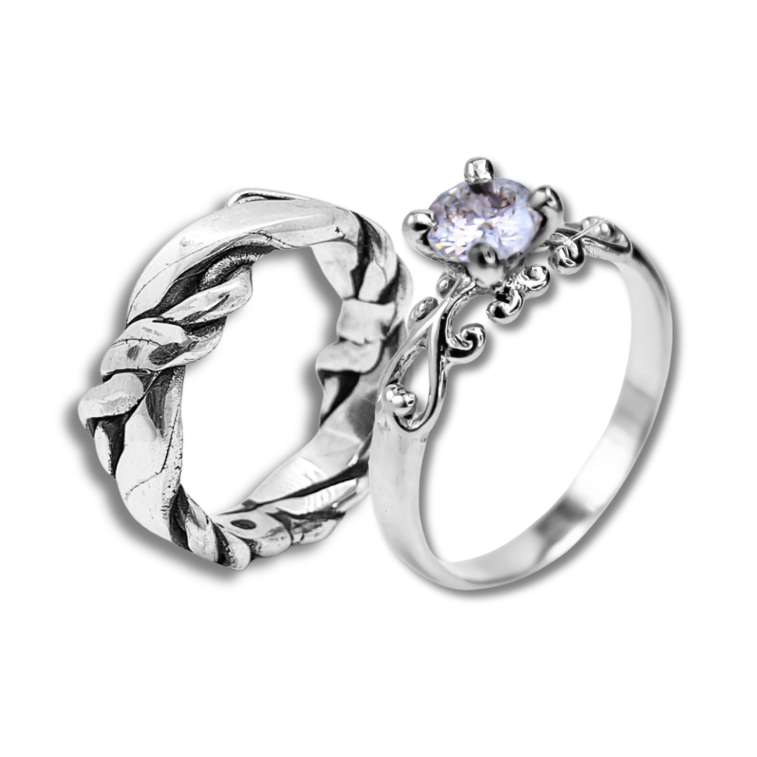 FRIGG – Par de Alianças em Prata 925 com Zircônia Branca (Solitário + Anel Nordic Rope Largo)