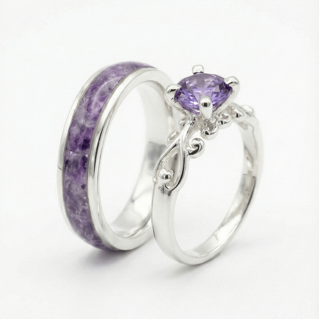 MOSAICO DUO – CONJUNTO EM PRATA 925 (AMETISTA NATURAL + SOLITÁRIO FRIGG ZIRCÔNIA ROXA)
