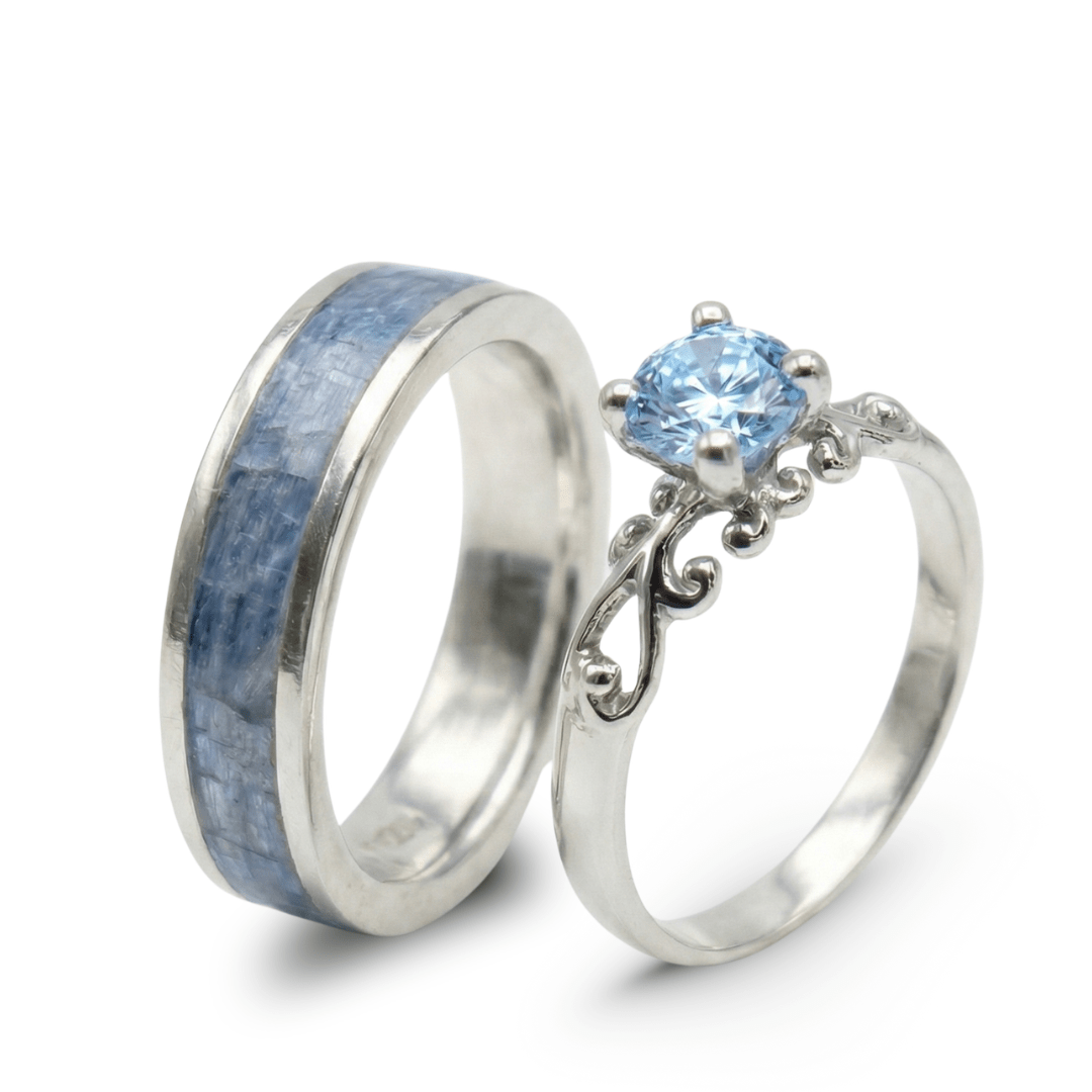 Conjunto em Prata 925 com Cianita Azul Natural e Solitário Frigg com Zircônia Azul Claro – Mosaico Duo