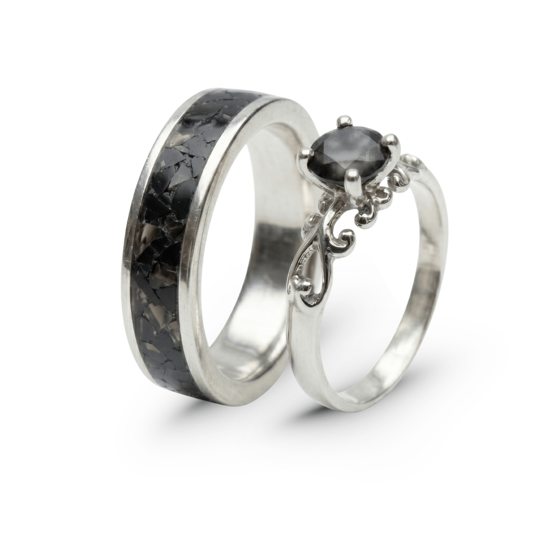 Conjunto Mosaico Duo em Prata 925 com Obsidiana e Solitário