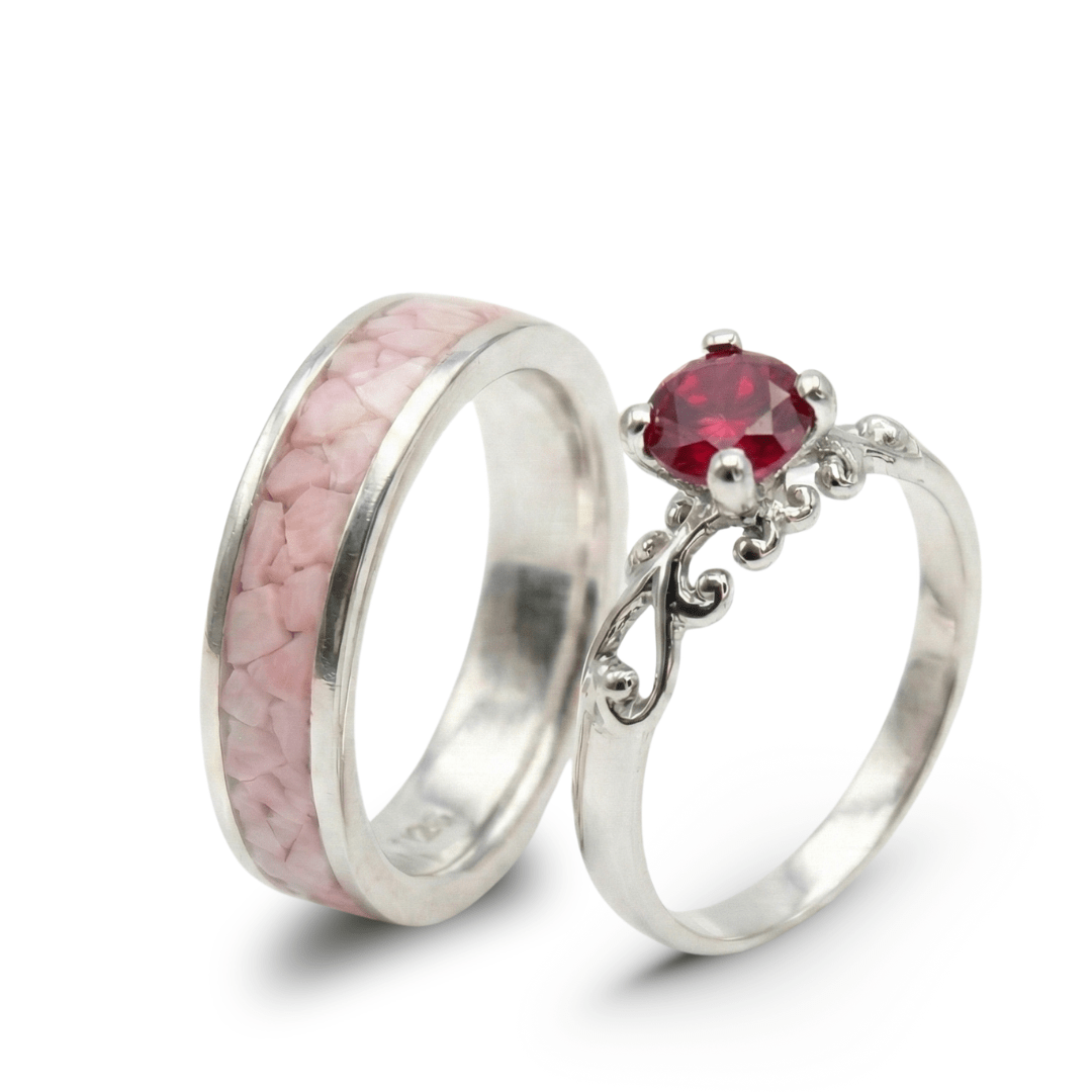 Conjunto em Prata 925 com Quartzo Rosa Natural e Solitário Frigg Vermelho – Mosaico Duo