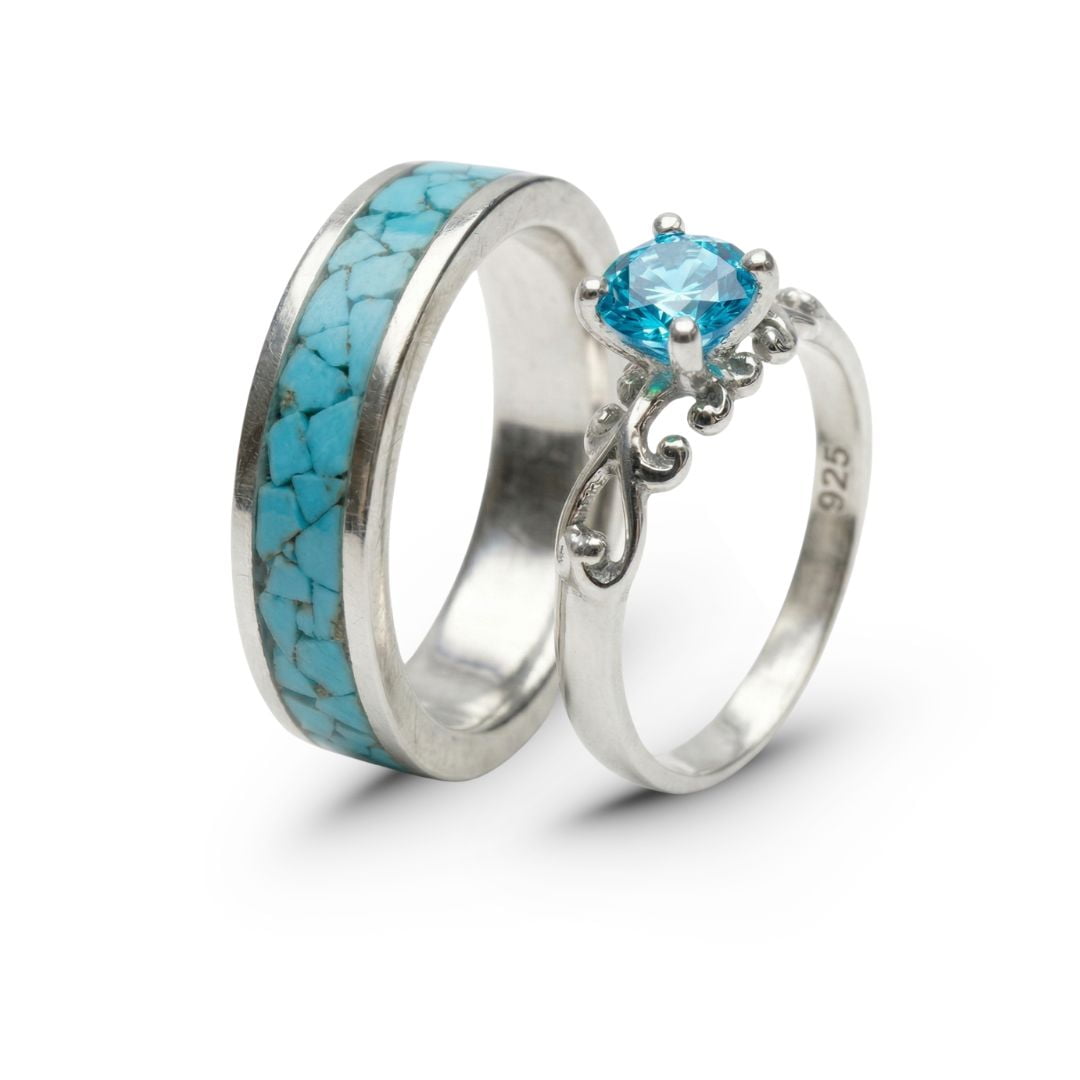 Mosaico Duo – Conjunto em Prata 925 com Turquesa Natural e Solitário Frigg com Zircônia Azul Claro