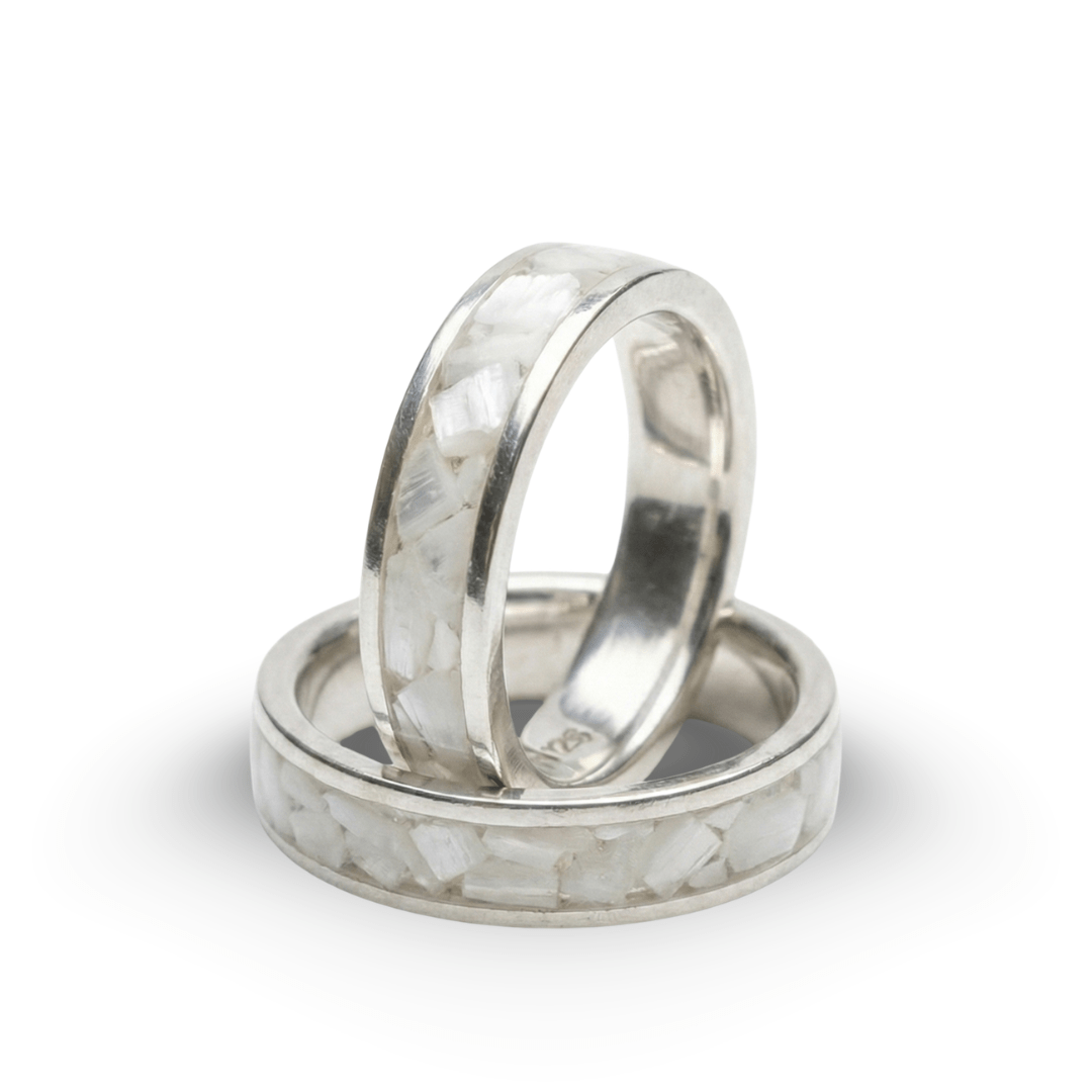 Par de Alianças de Prata 925 Mosaico Selenita Branca