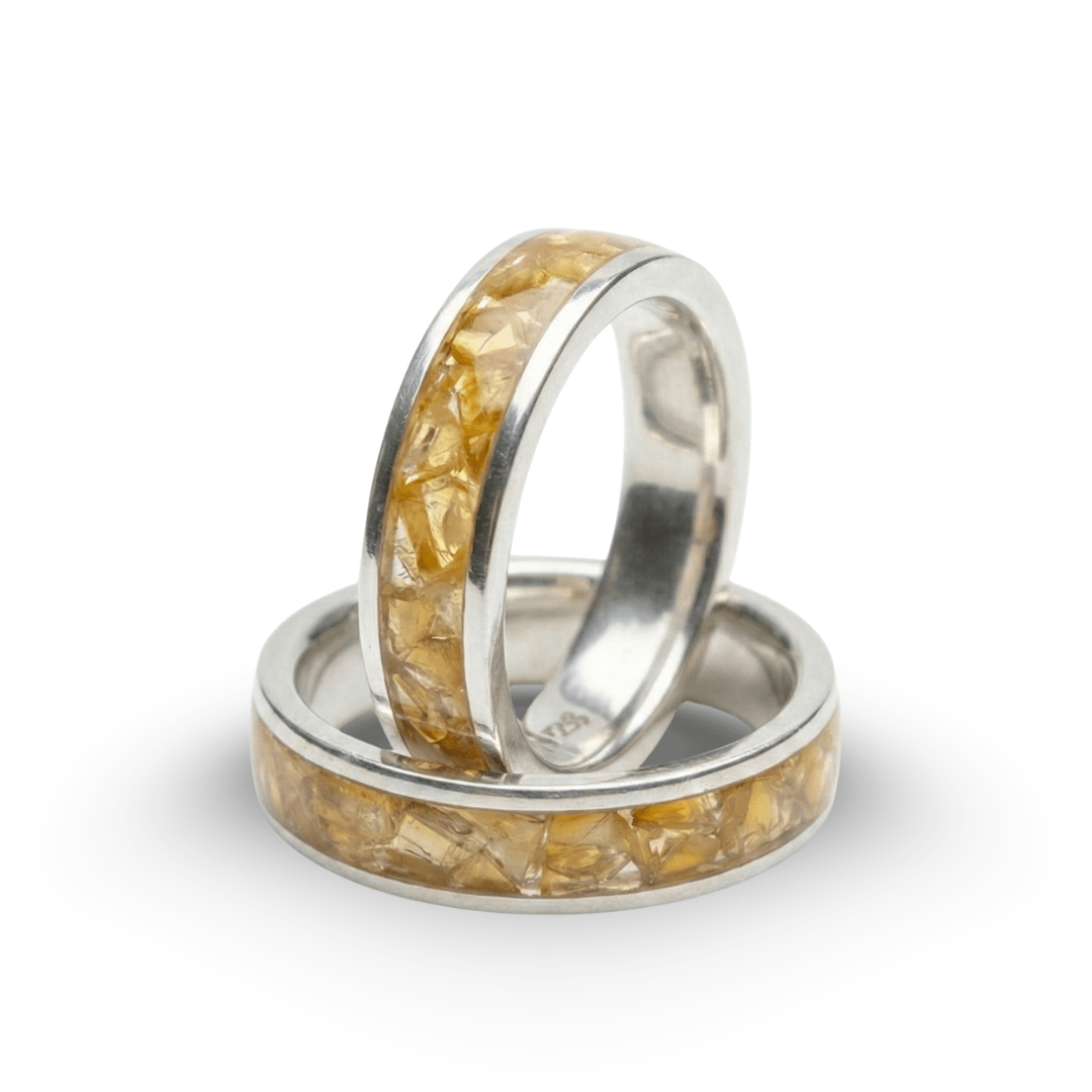 Par de Alianças em Prata 925 com Pedra Natural Citrino – Mosaico