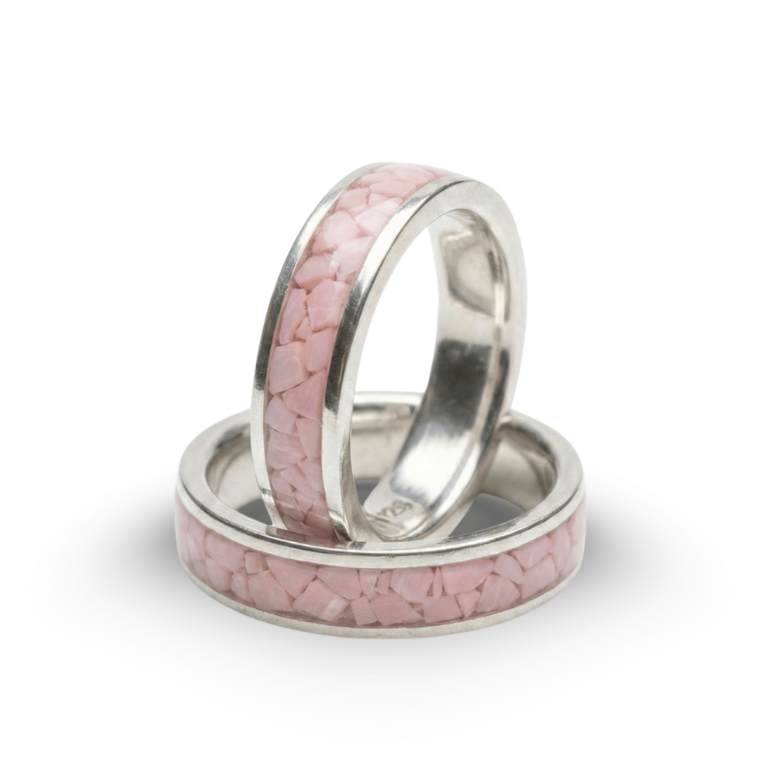 Par de Alianças em Prata 925 com Pedra Natural Quartzo Rosa – Mosaico