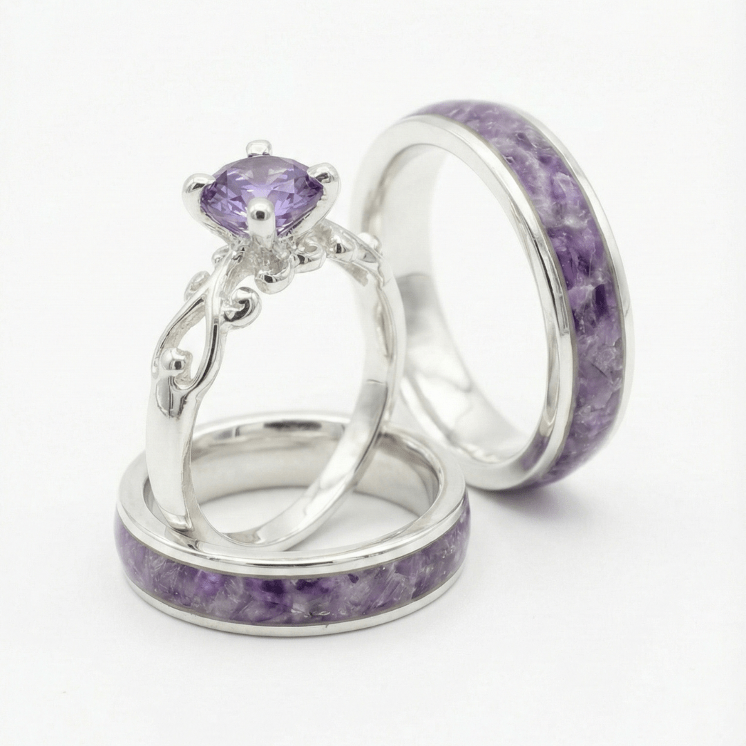 MOSAICO TRIO – CONJUNTO EM PRATA 925 (2 ANÉIS MOSAICO AMETISTA NATURAL + SOLITÁRIO FRIGG ZIRCÔNIA ROXA)