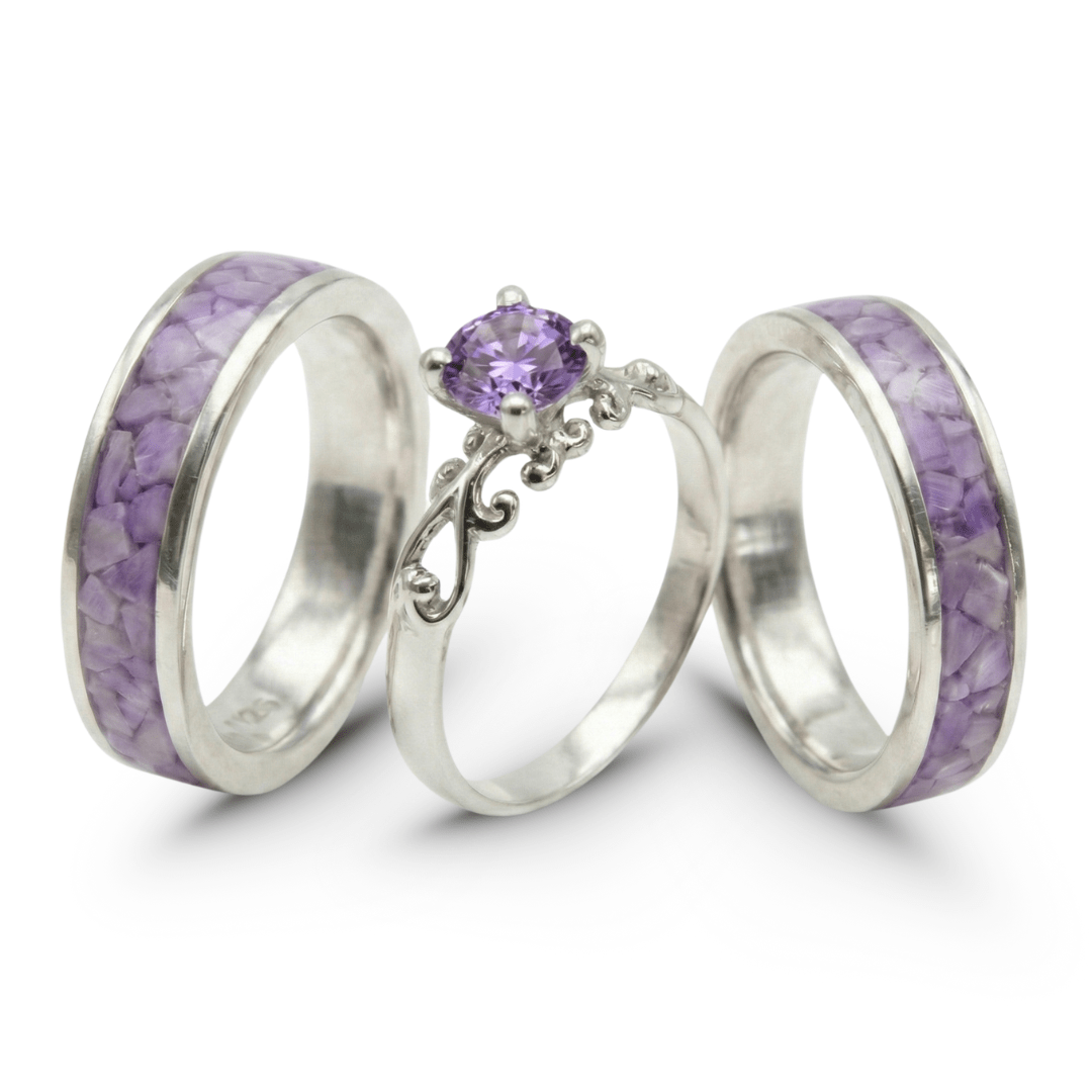 Conjunto em Prata 925 com Ametista Natural e Solitário Frigg com Zircônia Roxa – Mosaico Trio