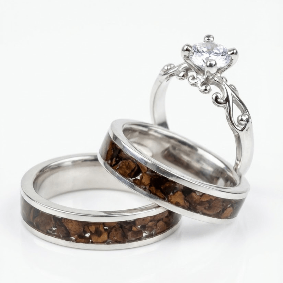 Mosaico Trio – Conjunto em Prata 925 com 2 Anéis Mosaico de Grãos Torrados de Café e Solitário Frigg com Zircônia Branca