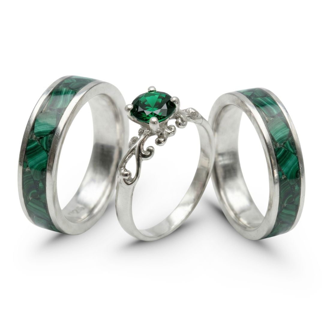 Mosaico Trio – Conjunto em Prata 925 com 2 Anéis Mosaico de Malaquita Natural e Solitário Frigg com Zircônia Verde