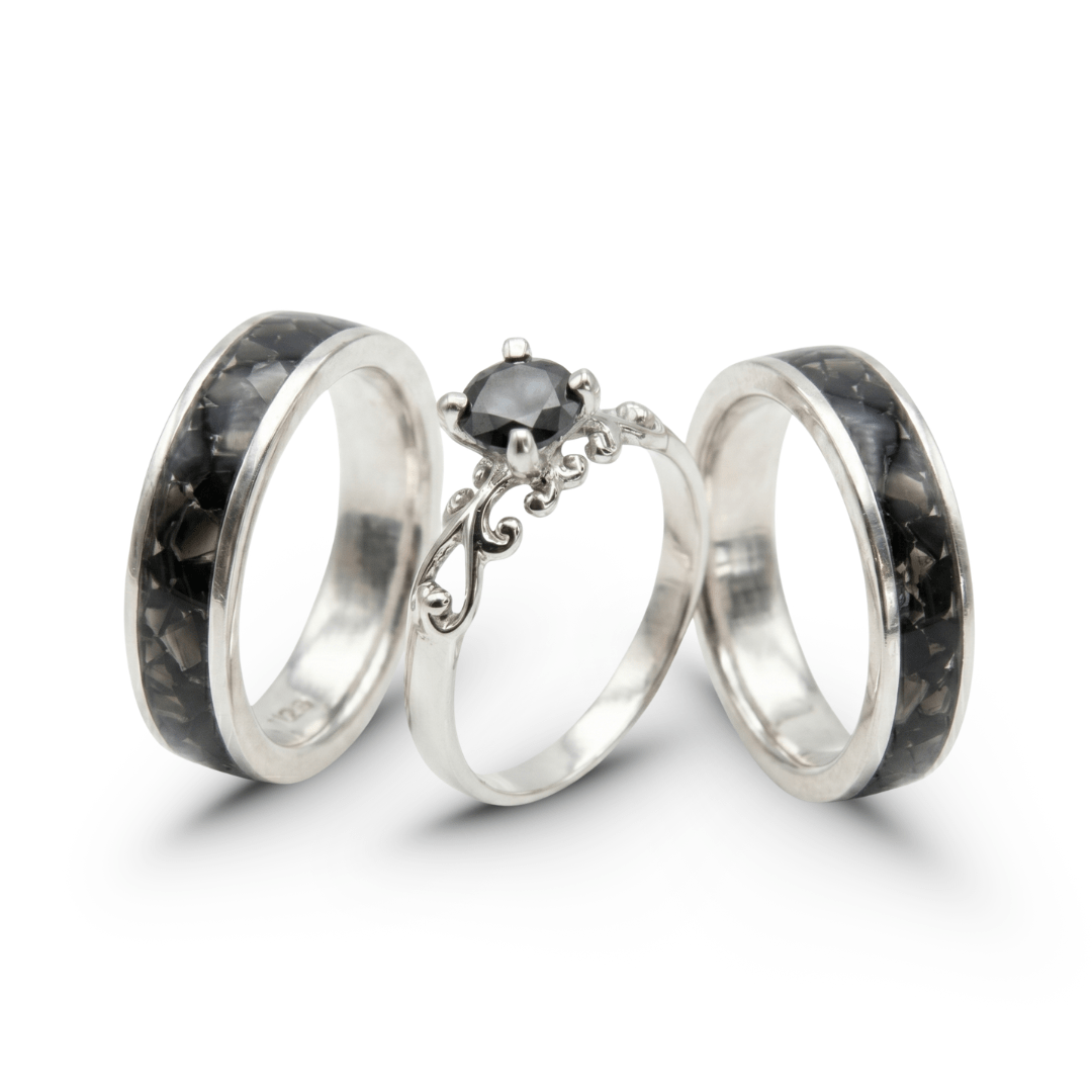 Conjunto Mosaico Trio – Anéis em Prata 925 com Obsidiana Preta