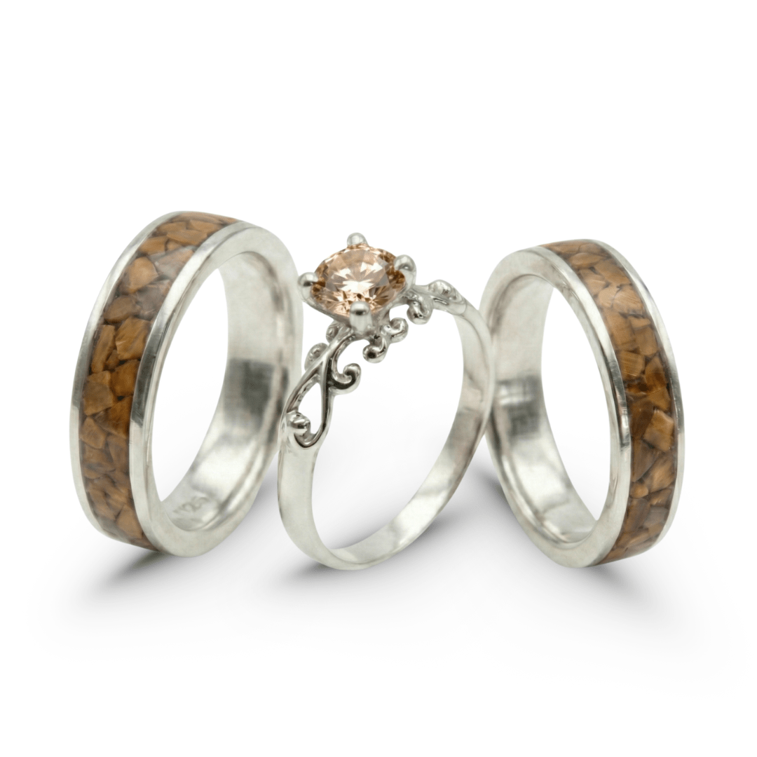 Conjunto em Prata 925 com Olho de Tigre Natural e Solitário Frigg com Zircônia Champagne – Mosaico Trio