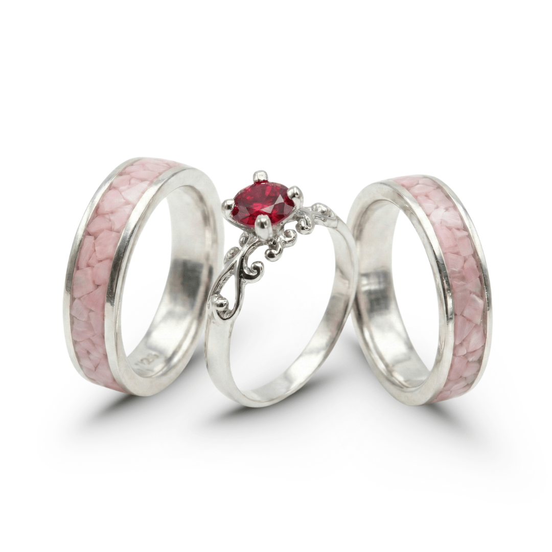 Conjunto em Prata 925 com Quartzo Rosa Natural e Solitário Frigg com Zircônia Vermelha – Mosaico Trio