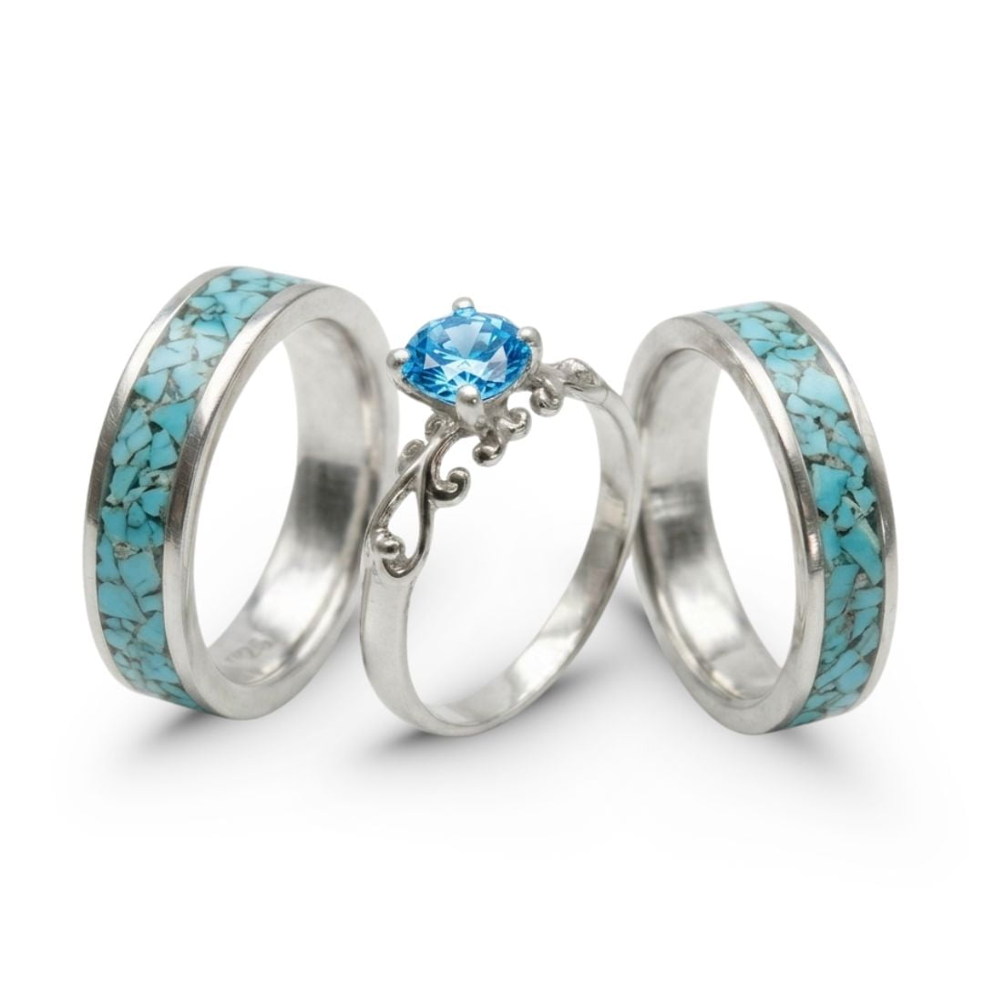 Mosaico Trio – Conjunto em Prata 925 com 2 Anéis Mosaico de Turquesa Natural e Solitário Frigg com Zircônia Azul Claro