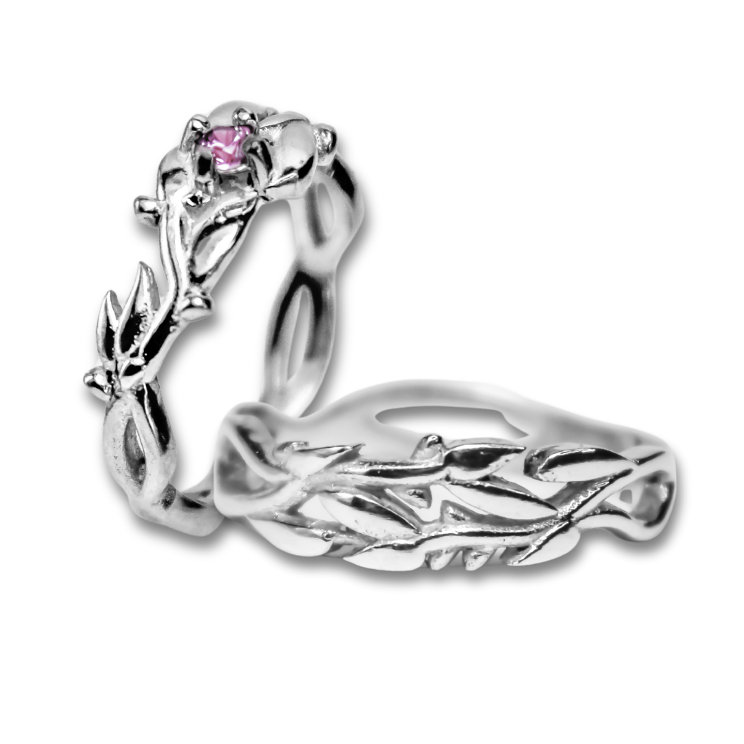 OLIVEIRA - PAR DE ALIANÇAS (SOLITÁRIO+ANEL) EM PRATA 925 COM ZIRCÔNIA ROSA
