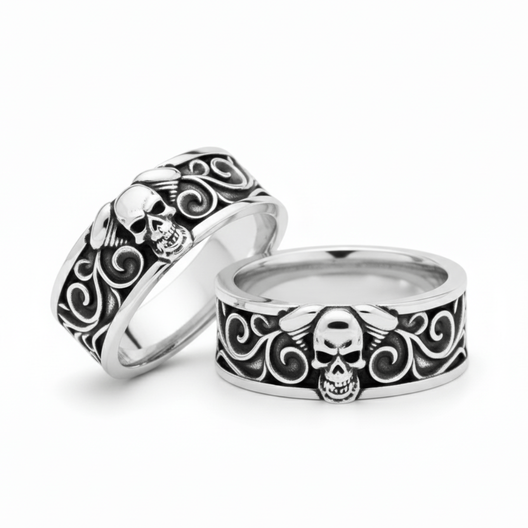 Par de Alianças Caveira Motociclista Skull Motor V800 em Prata 925