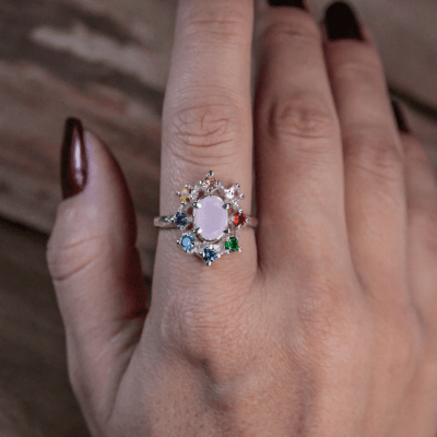ANEL CROWN QUARTZO ROSA E ZIRCÔNIAS COLORIDAS PRATA 925