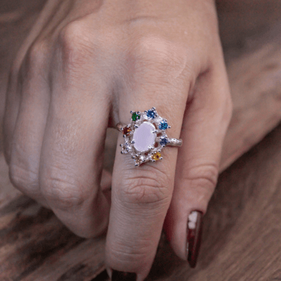 ANEL CROWN QUARTZO ROSA E ZIRCÔNIAS COLORIDAS PRATA 925