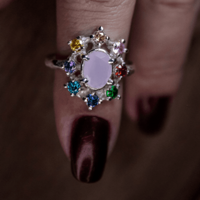 ANEL CROWN QUARTZO ROSA E ZIRCÔNIAS COLORIDAS PRATA 925