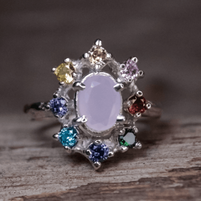 ANEL CROWN QUARTZO ROSA E ZIRCÔNIAS COLORIDAS PRATA 925