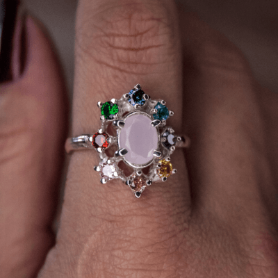 ANEL CROWN QUARTZO ROSA E ZIRCÔNIAS COLORIDAS PRATA 925