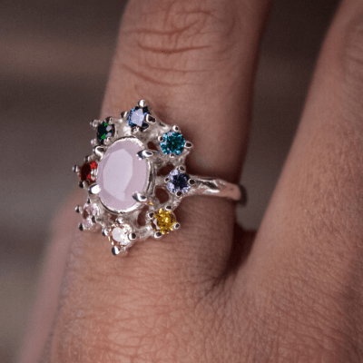 ANEL CROWN QUARTZO ROSA E ZIRCÔNIAS COLORIDAS PRATA 925