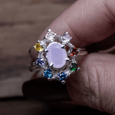 ANEL CROWN QUARTZO ROSA E ZIRCÔNIAS COLORIDAS PRATA 925